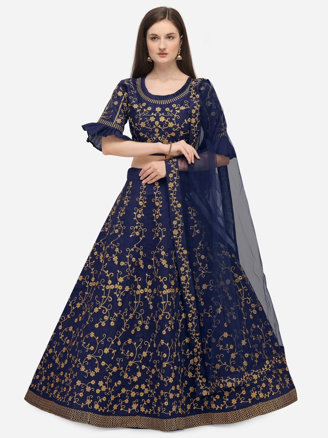 PURVAJA Navy Blue & Gold-Toned Embroidered Semi-Stitched Lehenga & Unstitched Blouse With Dupatta
PURVAJA Navy Blue & Gold-Toned Embroidered Semi-Stitched Lehenga & Unstitched Blouse With Dupatta
