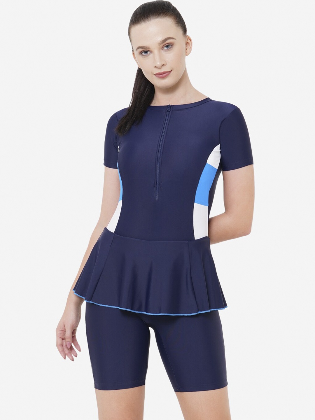VELOZ Women Navy Blue & White Colourblocked Swimming Dress