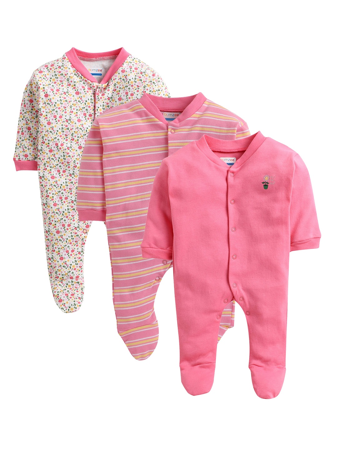 BUMZEE Newborn Girls Pack Of 3 Cotton Sleepsuits, Pink