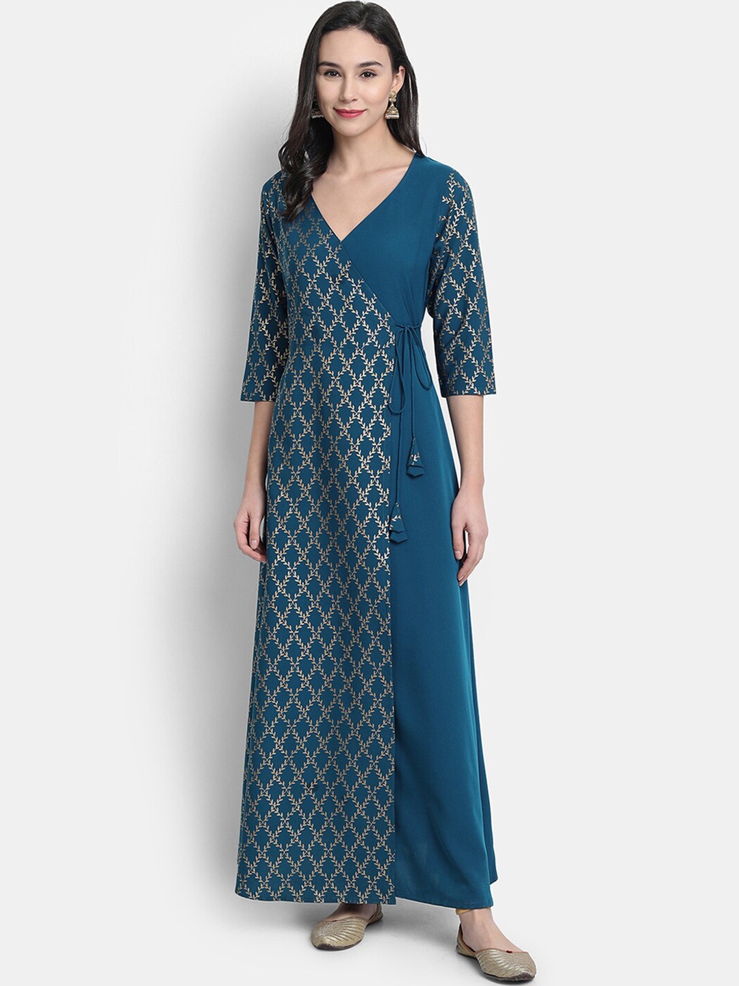 Janasya Women Teal Ethnic Motifs Crepe Anarkali Kurta