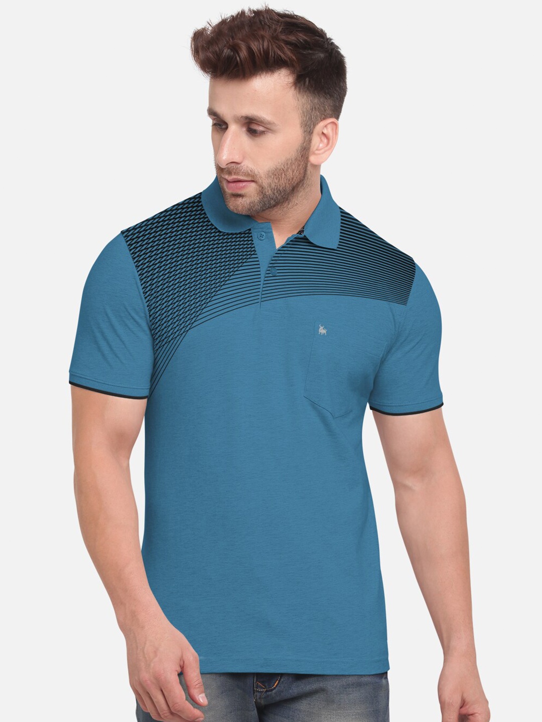 BULLMER Men Blue Colourblocked Polo Collar T-shirt