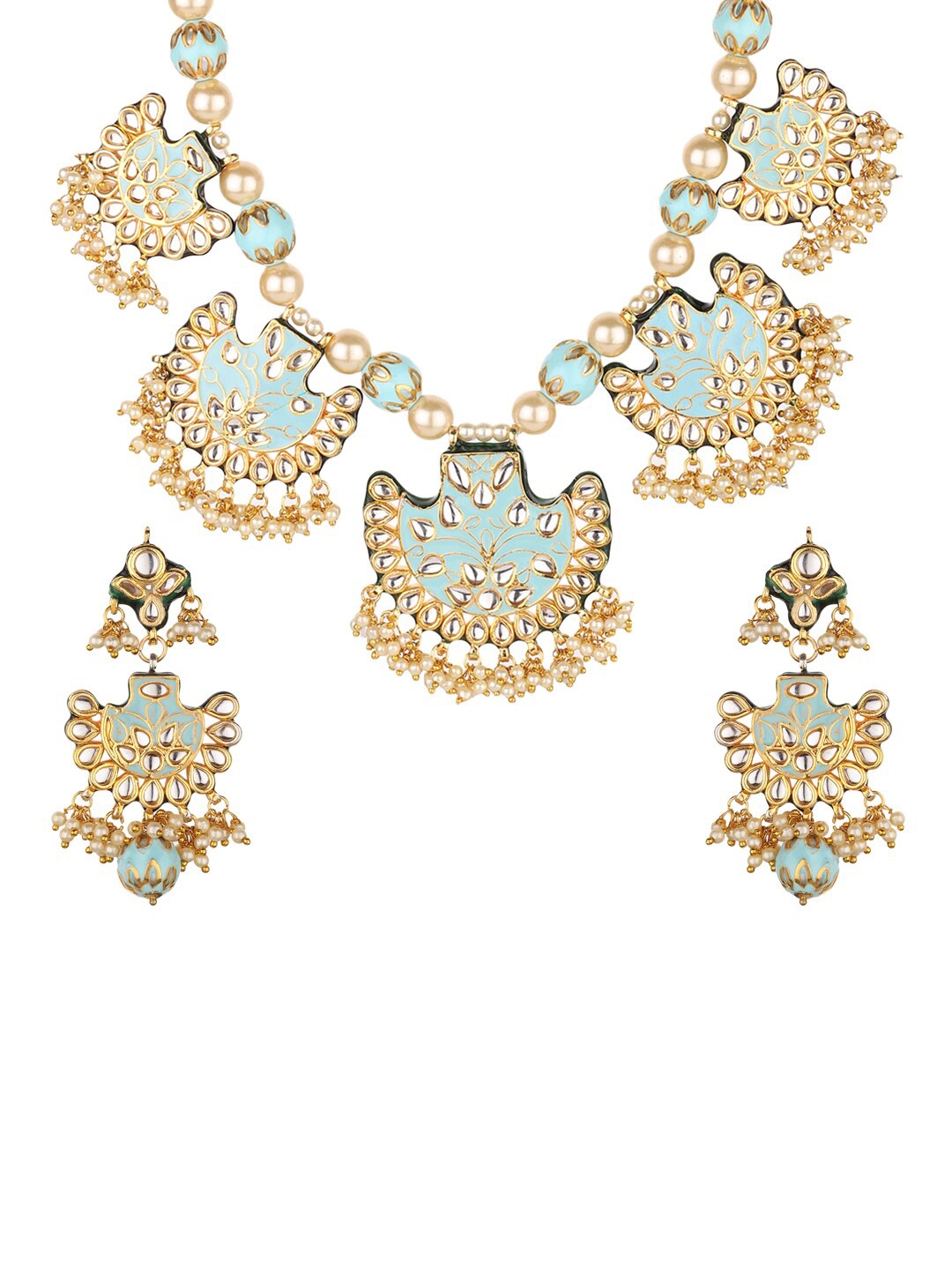 Runjhun Gold-Plated Turquoise Blue & White Kundan-Studded & Beaded Jadau Meenakari Jewellery Set
Runjhun Gold-Plated Turquoise Blue & White Kundan-Studded & Beaded Jadau Meenakari Jewellery Set