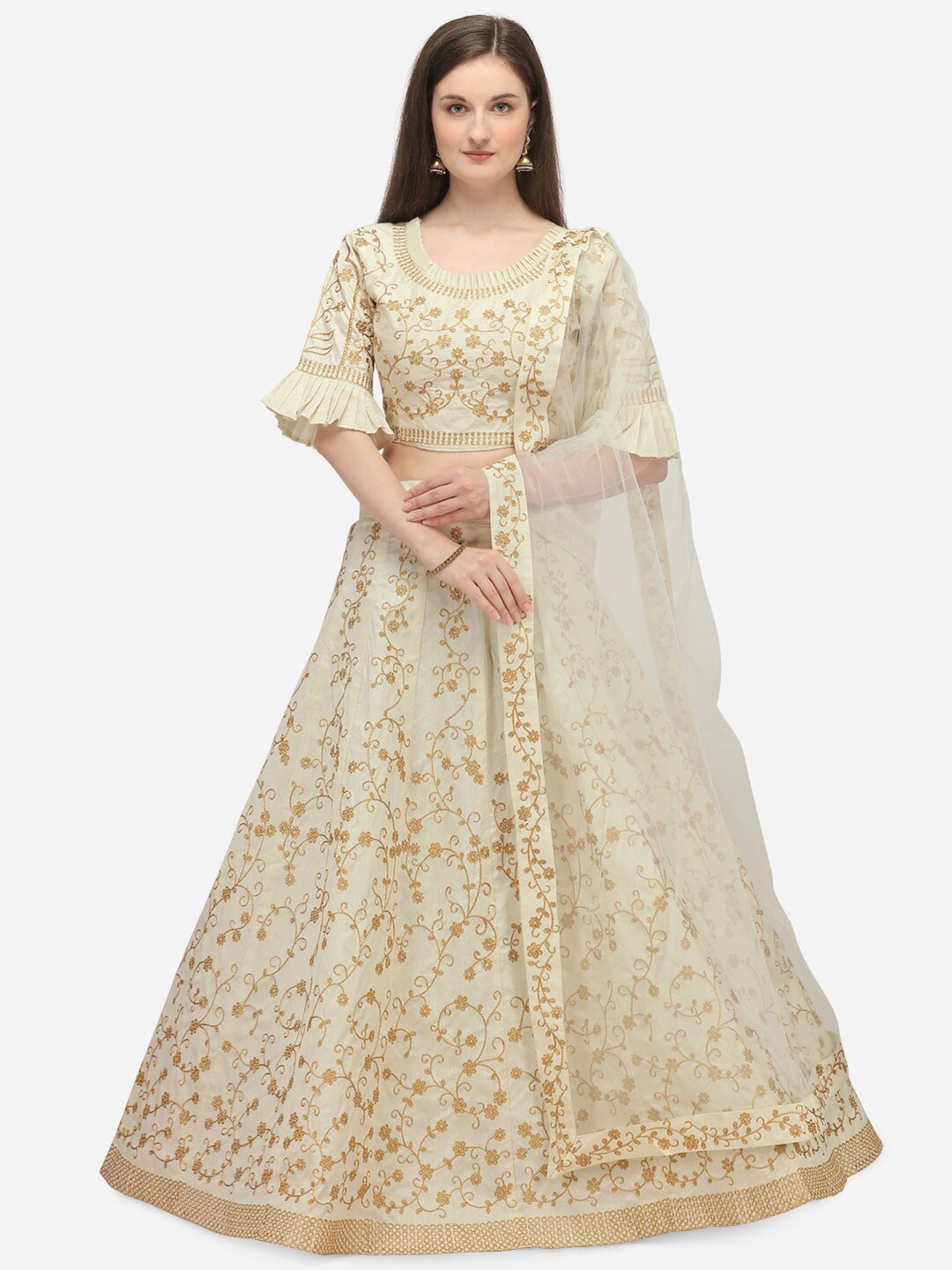 PURVAJA Off White & Gold-Toned Embroidered Semi-Stitched Lehenga & Unstitched Blouse With Dupatta
PURVAJA Off White & Gold-Toned Embroidered Semi-Stitched Lehenga & Unstitched Blouse With Dupatta