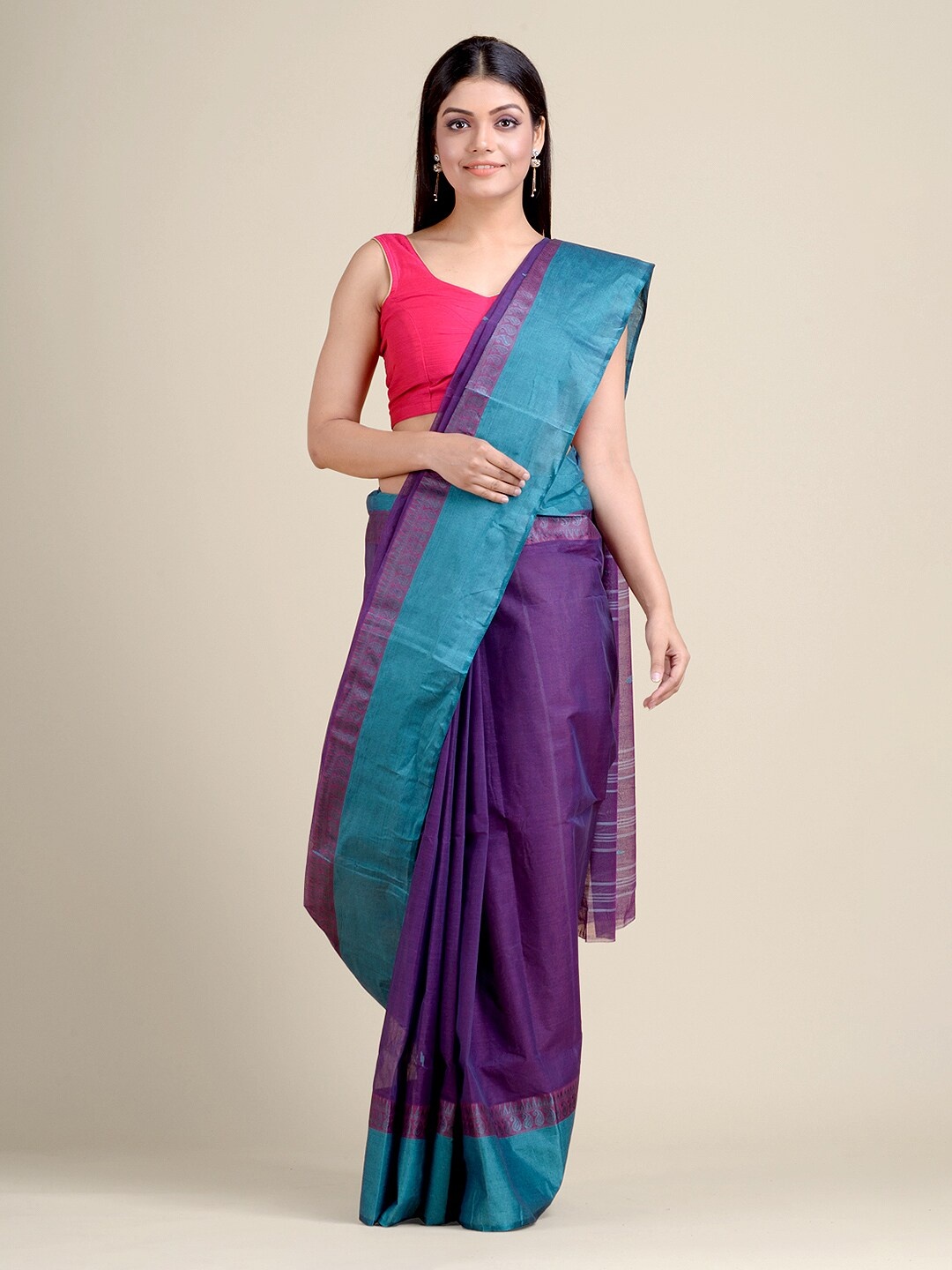 Charukriti Violet & Blue Paisley Pure Cotton Taant Saree