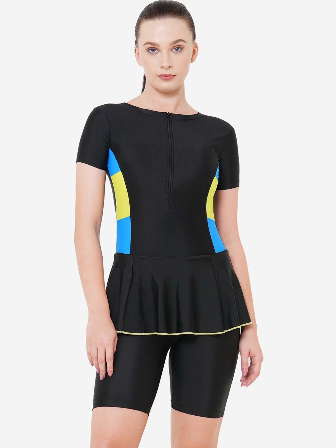 VELOZ Women Black & Blue Solid Swimming Dress