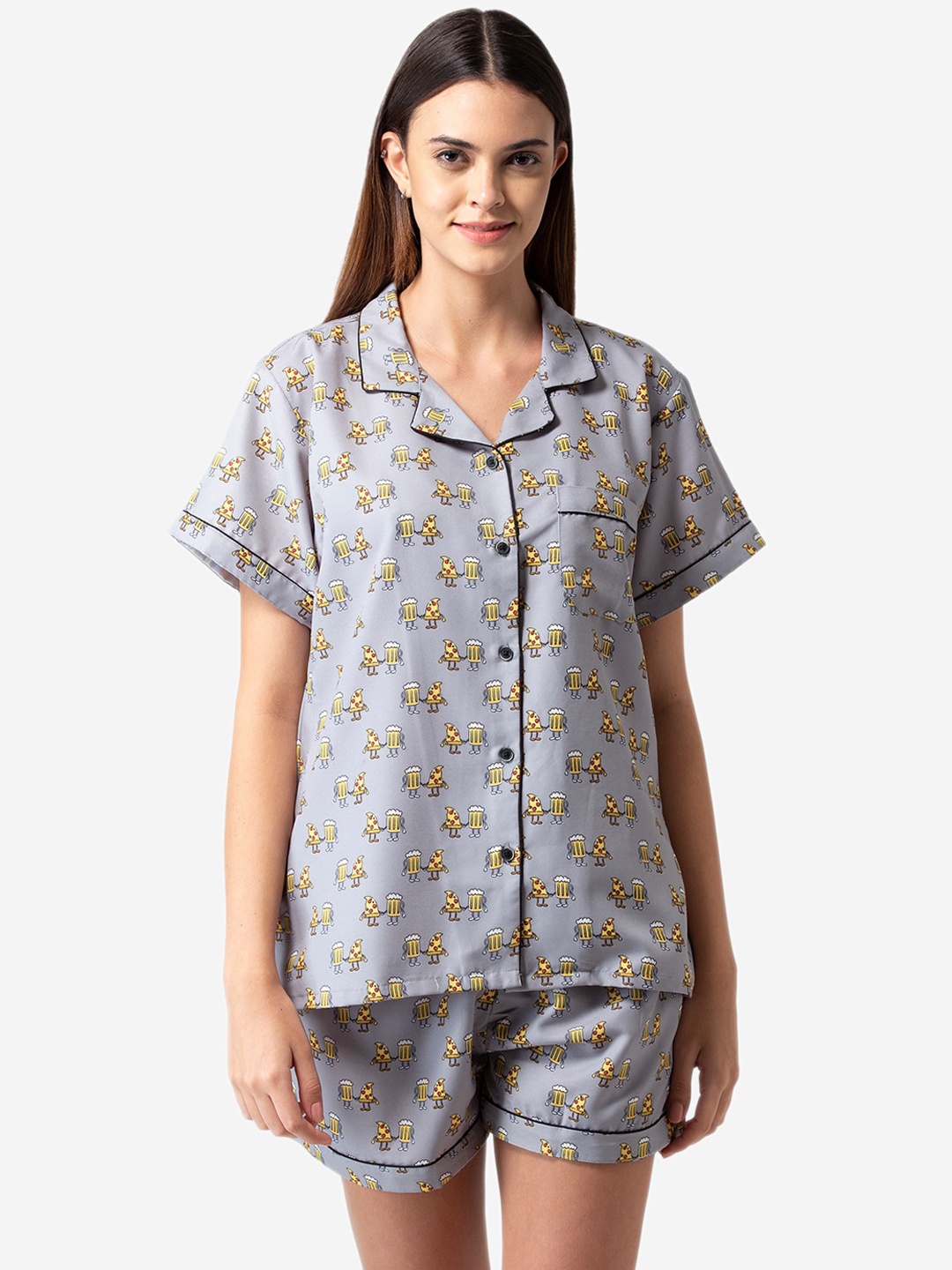 Bellofox Women Grey & Yellow Printed Night suit