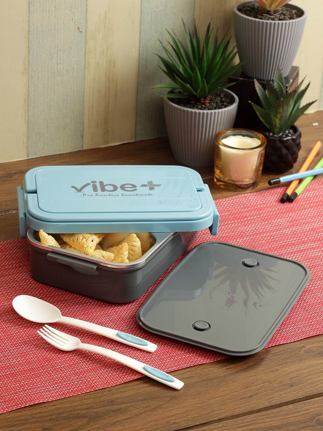 Vibe Plus Blue & Grey Colourblocked Stainless Steel Lunch Box