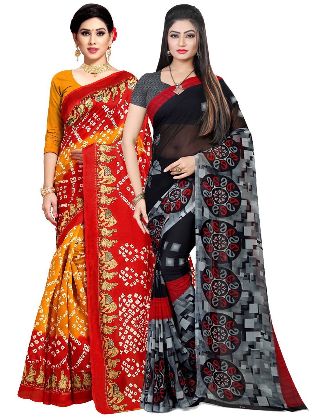 KALINI Pack of 2 Ethnic Motifs Poly Georgette Saree, Black