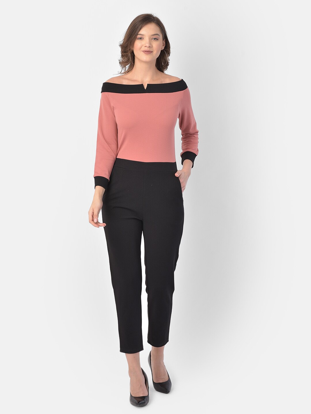 Eavan Women Pink & Black Off-Shoulder Colourblocked Basic Jumpsuit