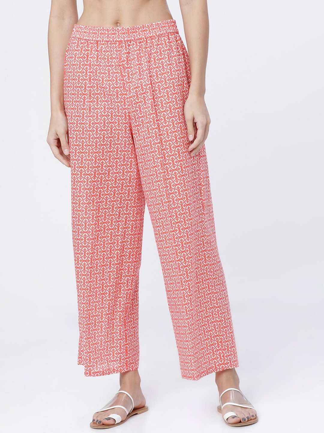 Vishudh Women Coral & Off White Ethnic Motifs Printed Ethnic Palazzos