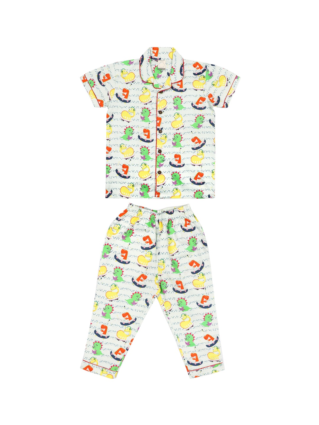 CASA DE NEE NEE Unisex Kids Off White & Yellow Printed Cotton Night Suit