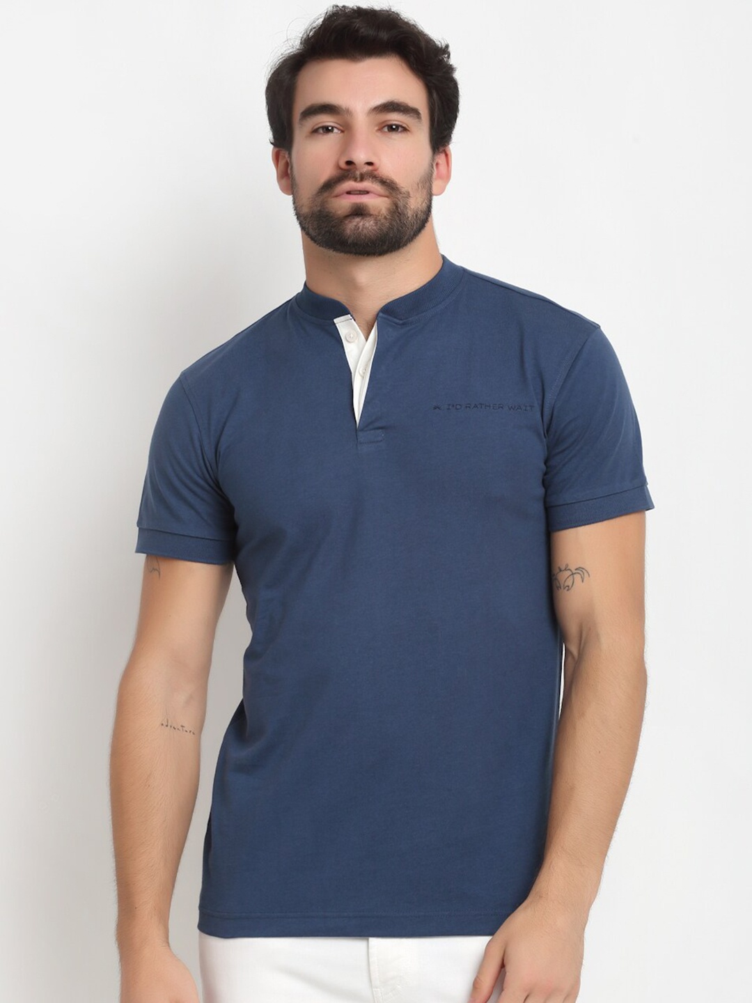 Bhaane Men Navy Blue Mandarin Collar Pure Cotton T-shirt