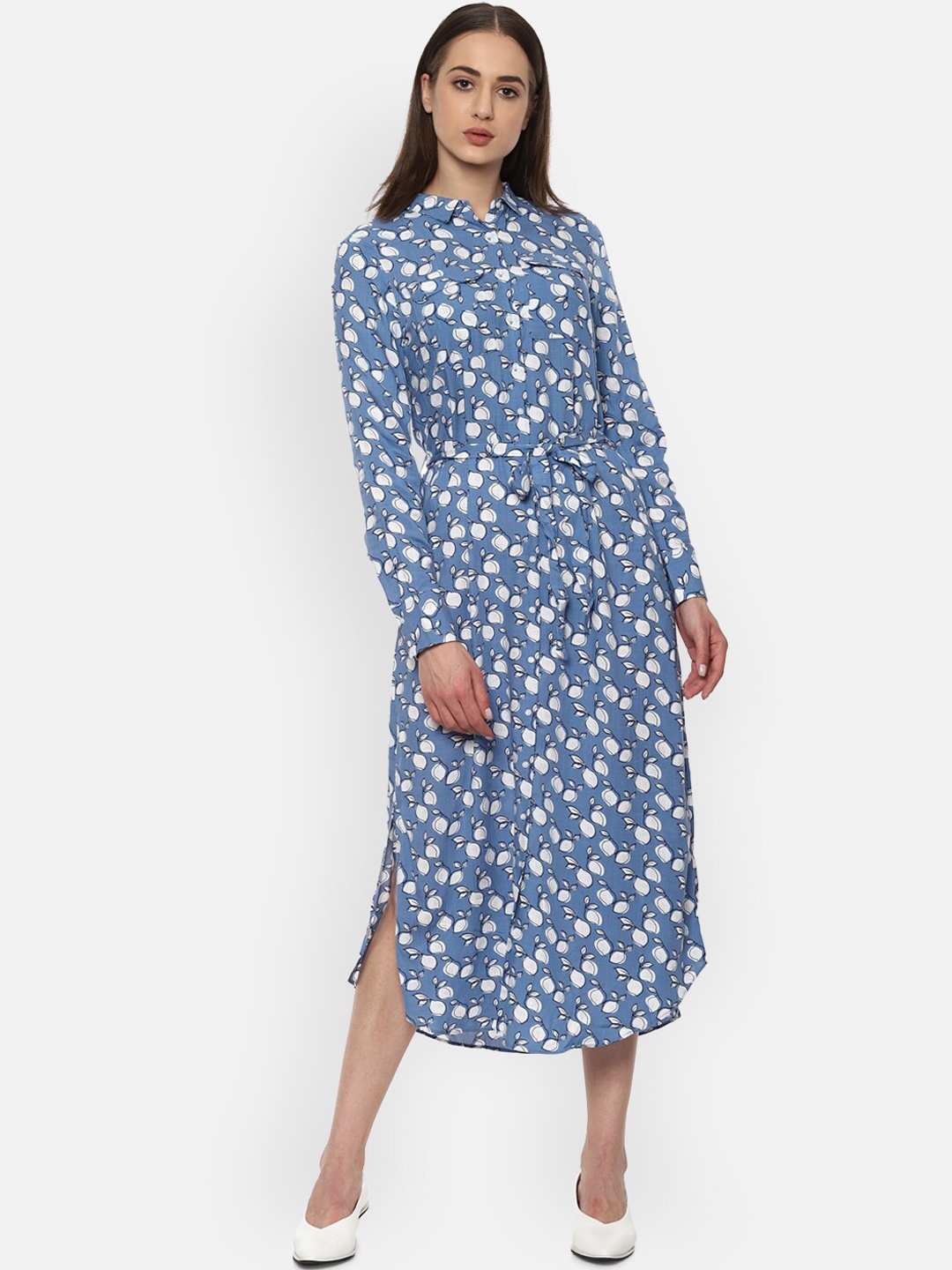 Van Heusen Woman Blue & White Floral Shirt Midi Dress