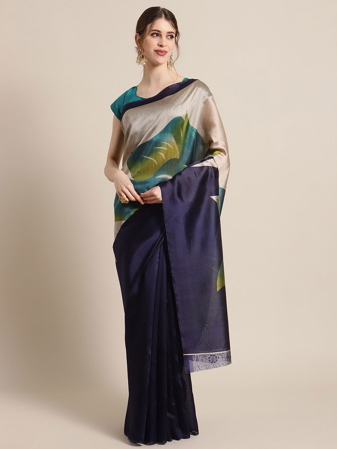 KSUT Navy Blue & Beige Floral Art Silk Mysore Silk Saree