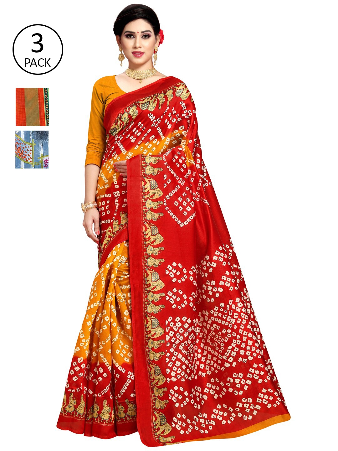 KALINI Pack Of 3 Red & Yellow Ethnic Motifs Zari Sarees