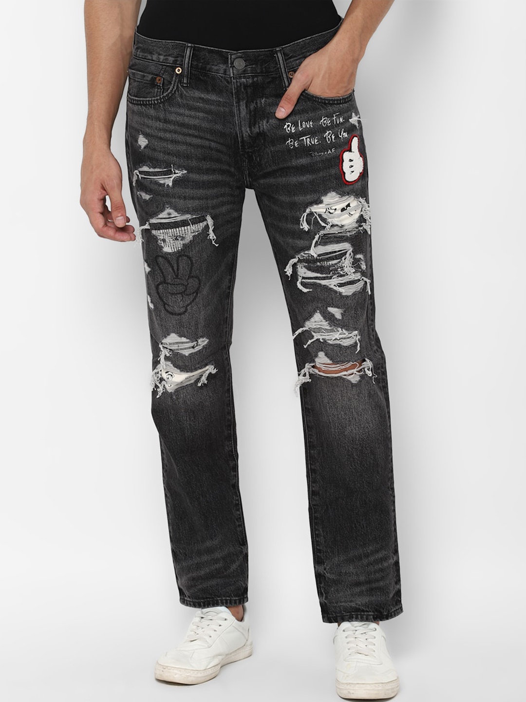 AMERICAN EAGLE OUTFITTERS Men Black Slim Fit Cotton Highly Distressed Jeans