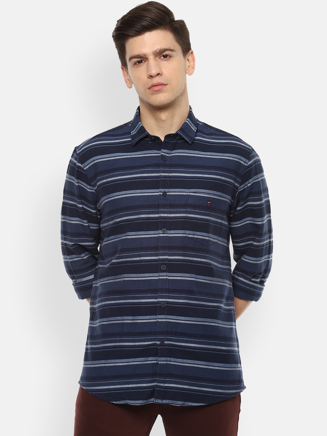 Louis Philippe Sport Men Navy Blue Slim Fit Horizontal Stripes Casual Shirt