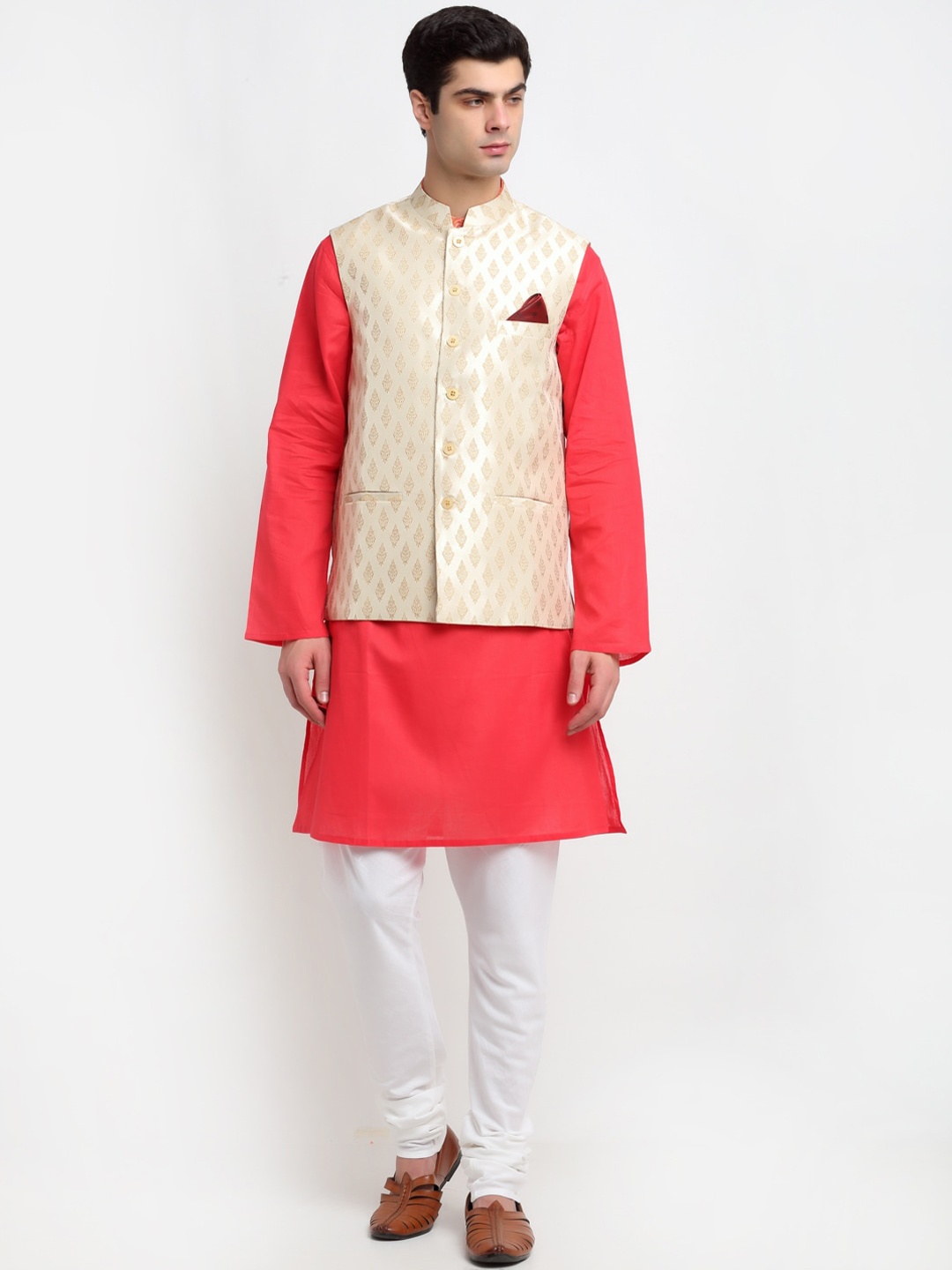 NEUDIS Men Red Layered Pure Cotton Kurta with Churidar