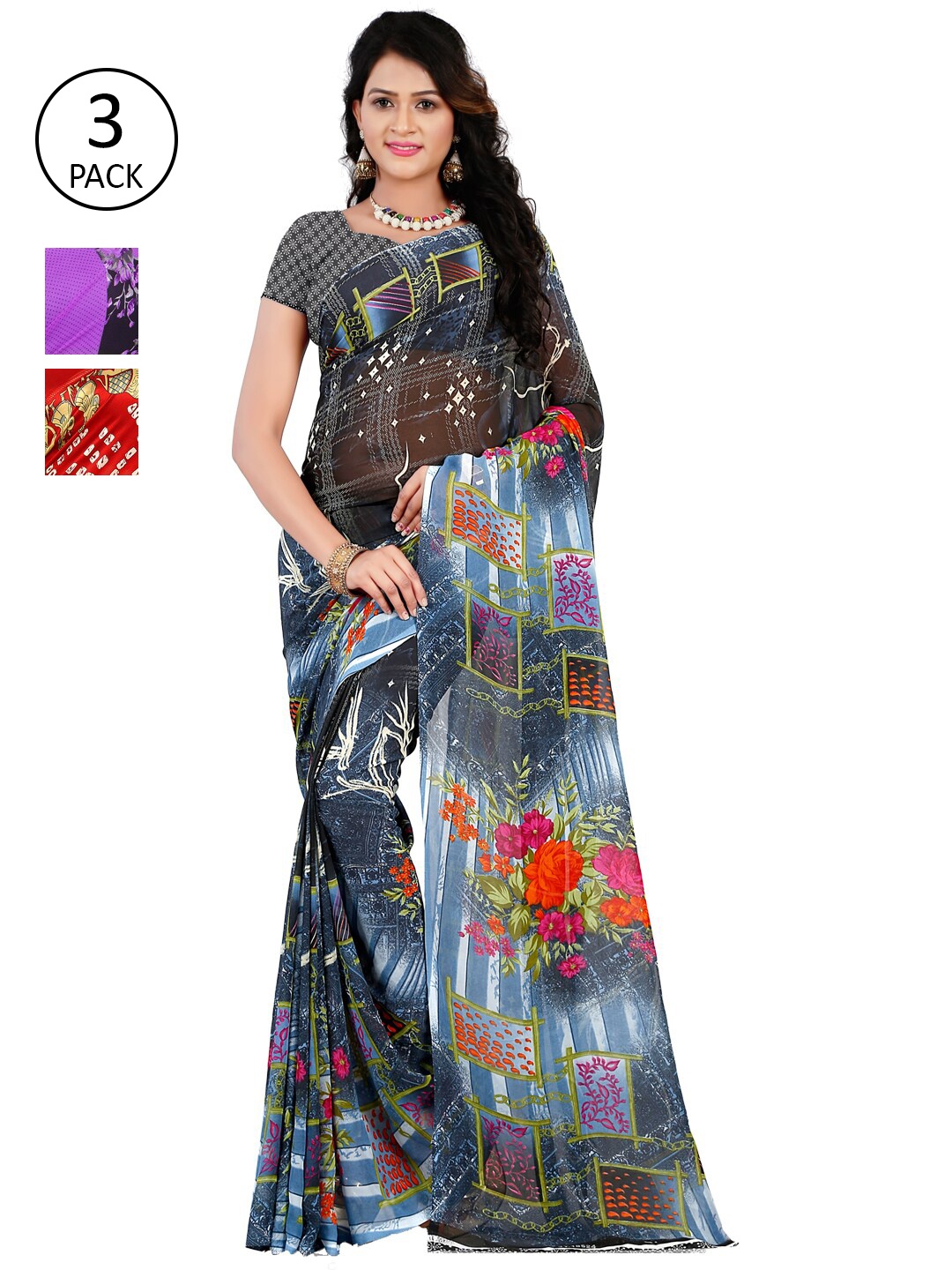 KALINI Pack of 3 Printed Poly Georgette Saree, Multi