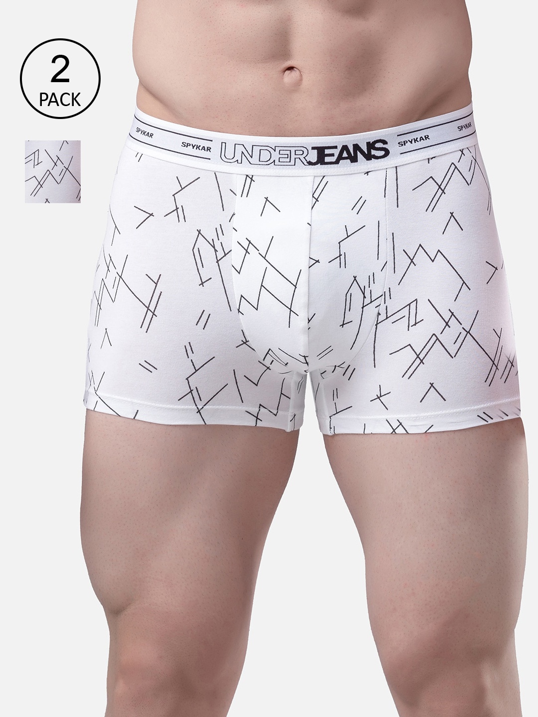 UnderJeans by Spykar Men Pack Of 2 White & Black Printed Trunks UJMTRPTC032