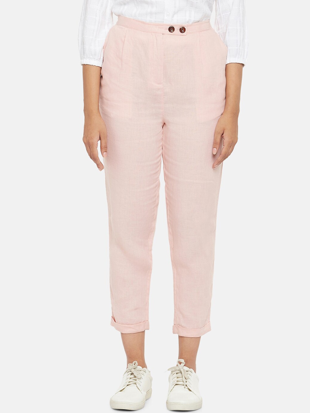 People Women Pink Slim Fit Linen Regular Trousers