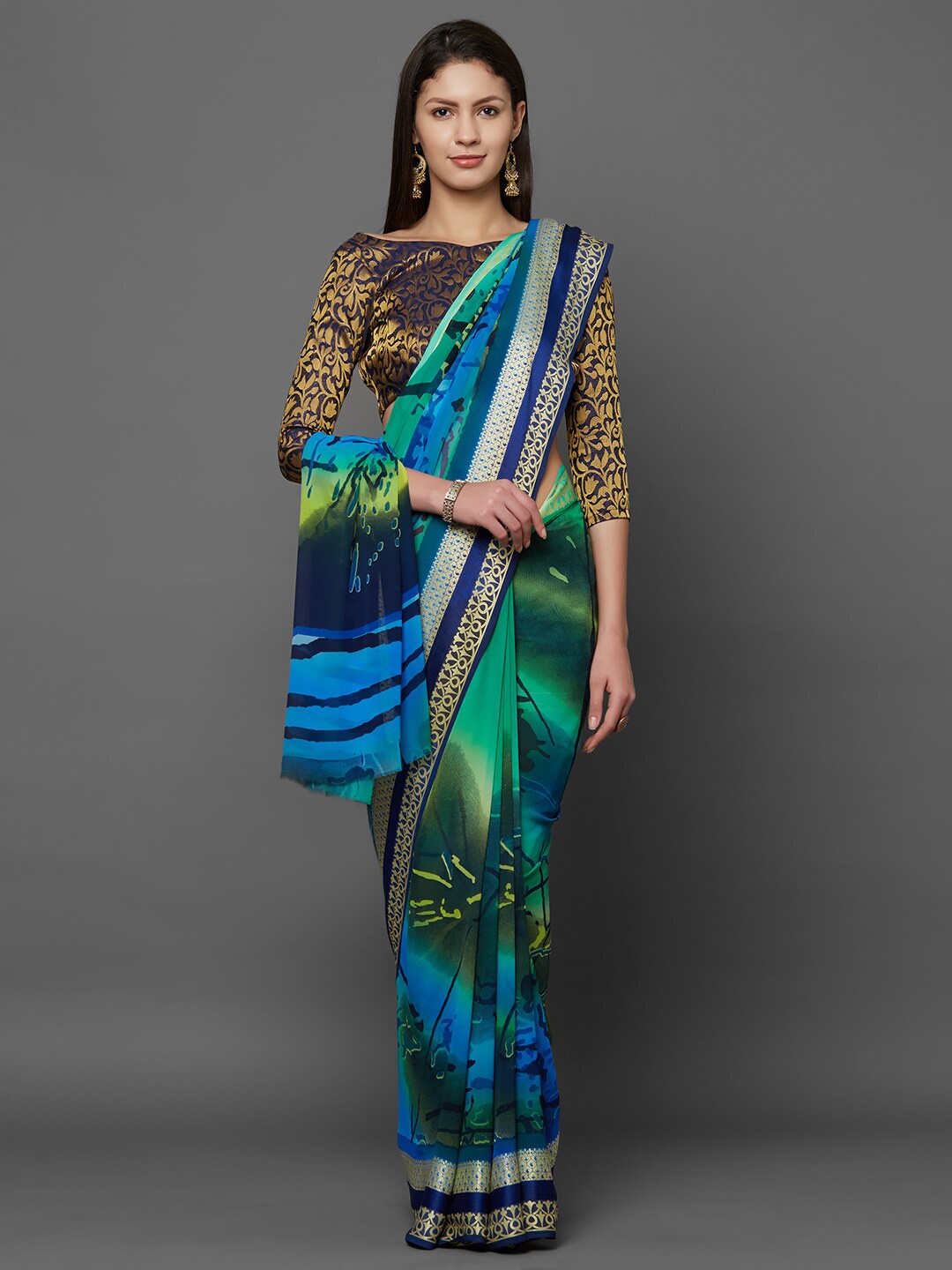 Mitera Blue & Green Floral Saree