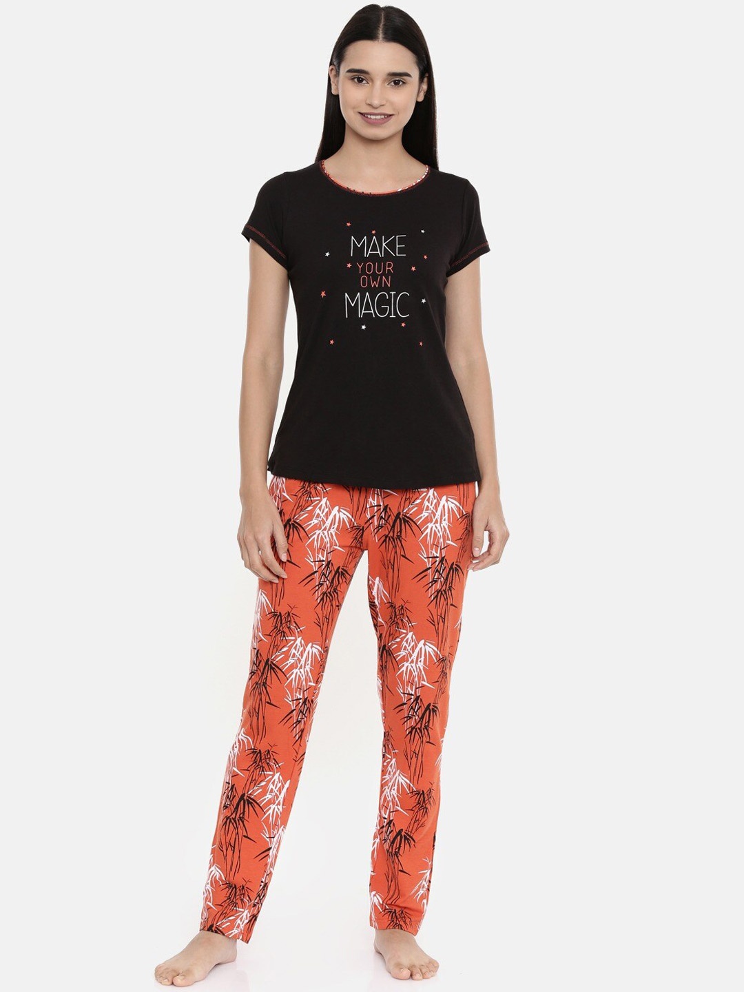 Sweet Dreams Women Black & Orange Printed Night Suit