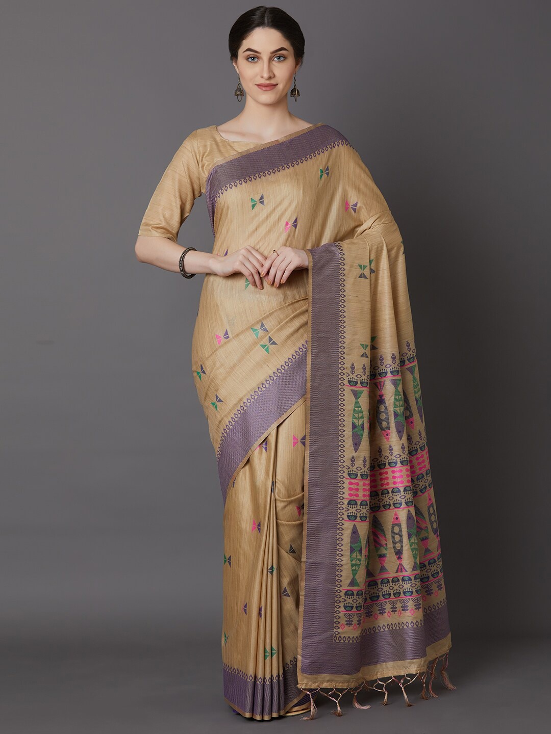Mitera Beige & Blue Ethnic Motifs Silk Cotton Saree
