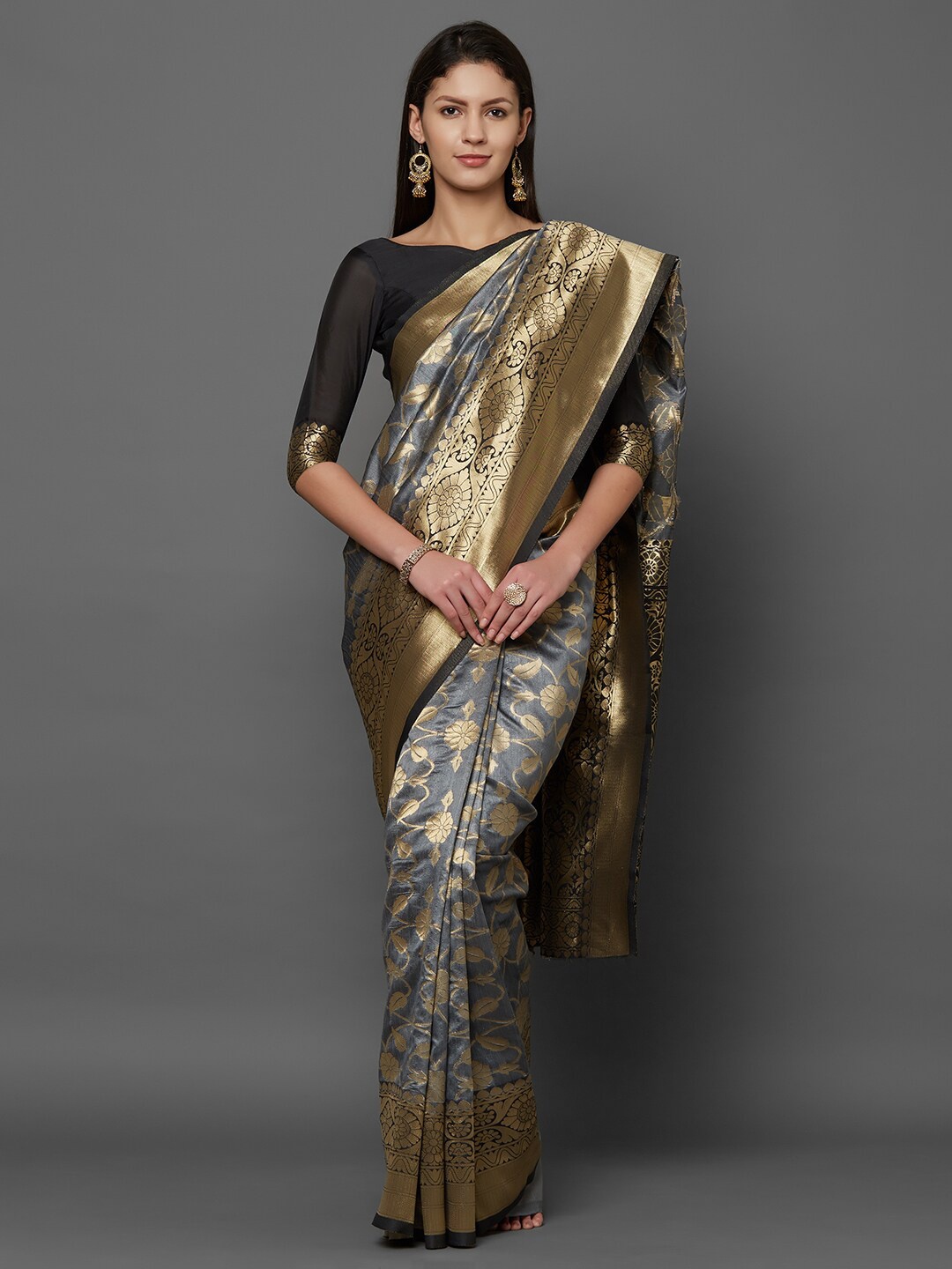 Mitera Grey & Gold-Toned Woven Design Zari Silk Blend Banarasi Saree