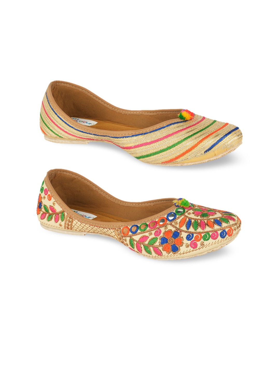 DESI COLOUR Women Set of 2 Multicoloured Striped Leather Ethnic Mojaris Flats, Multi
DESI COLOUR Women Set of 2 Multicoloured Striped Leather Ethnic Mojaris Flats, Multi