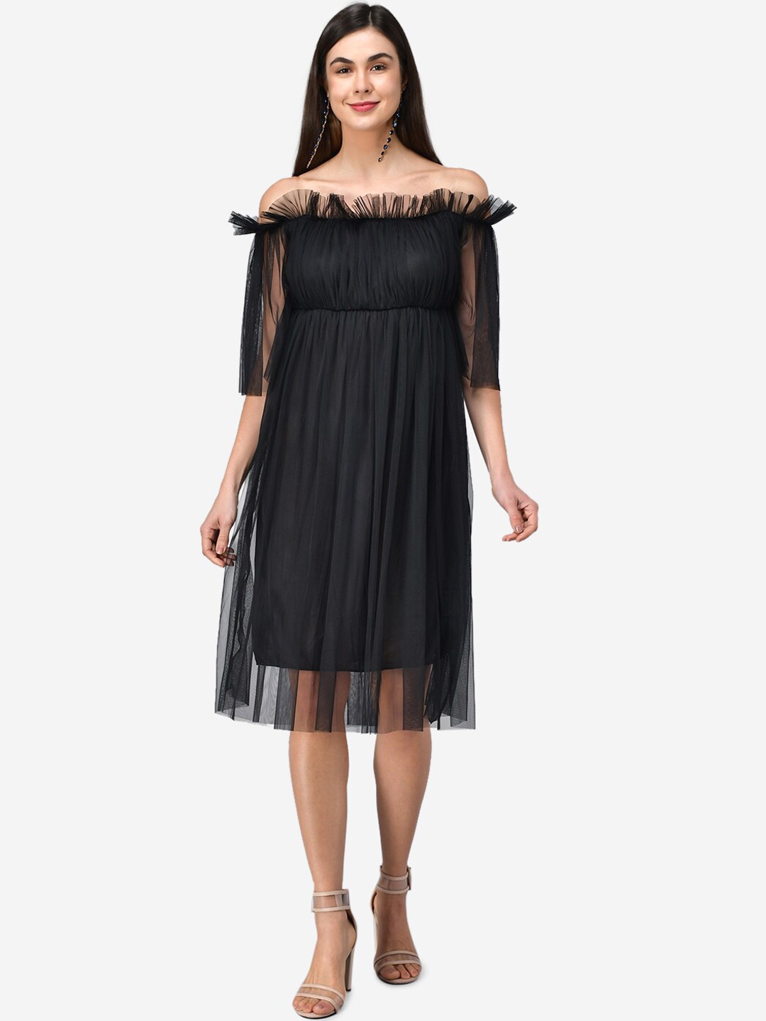 Darzi Black Off-Shoulder Net Empire Dress