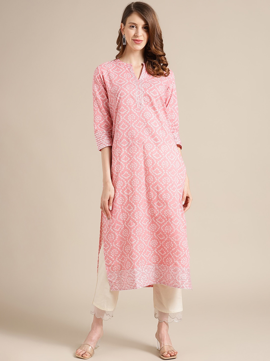 Varanga Women Pink & White Geometric Printed Kurta