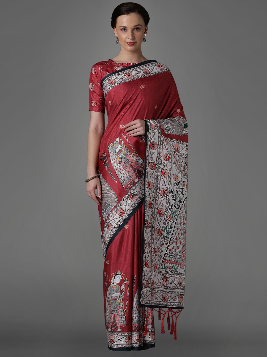 Mitera Maroon & Grey Warli Satin Saree