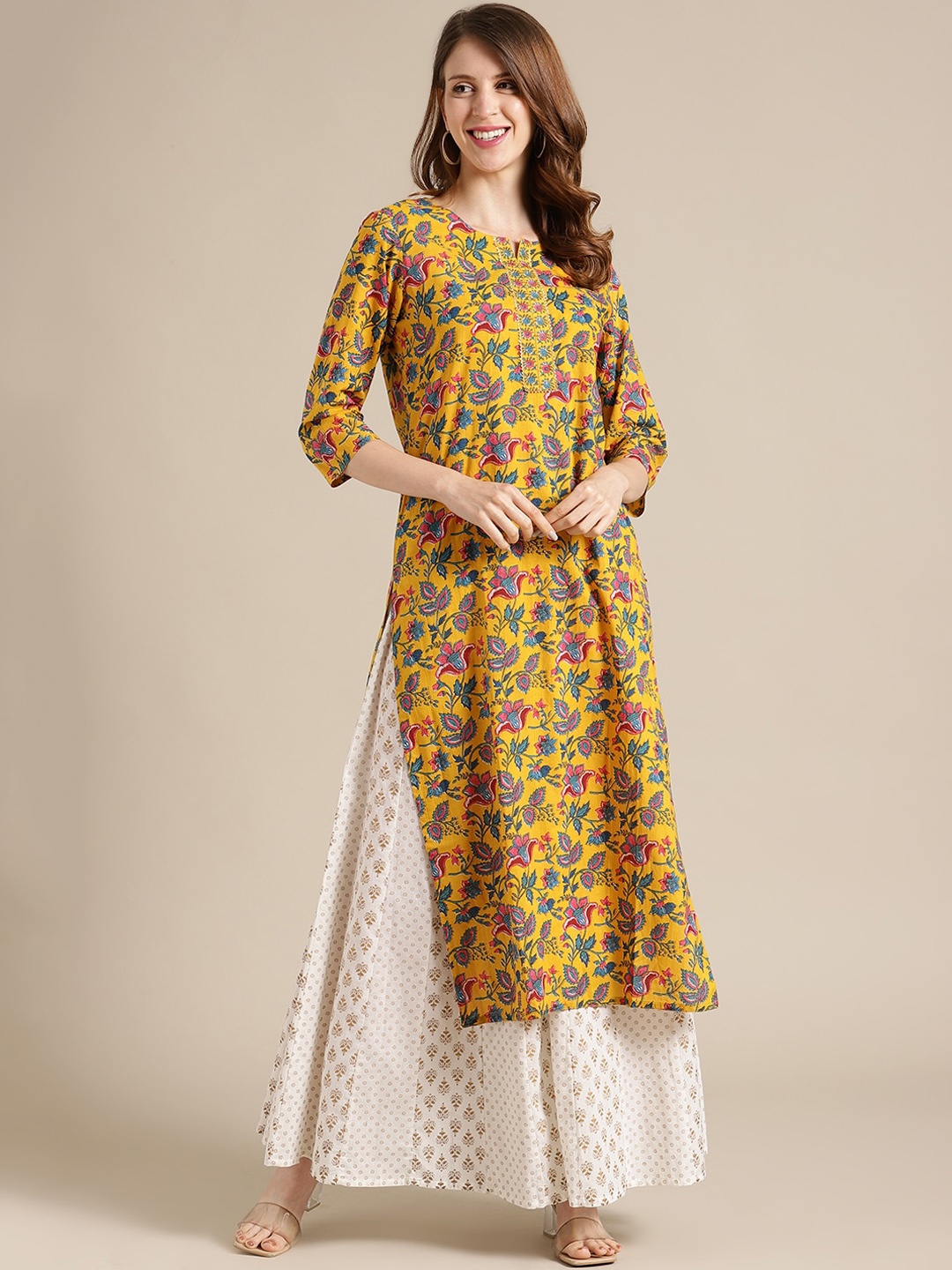 KSUT Women Mustard Yellow Floral Printed Cotton Kurta