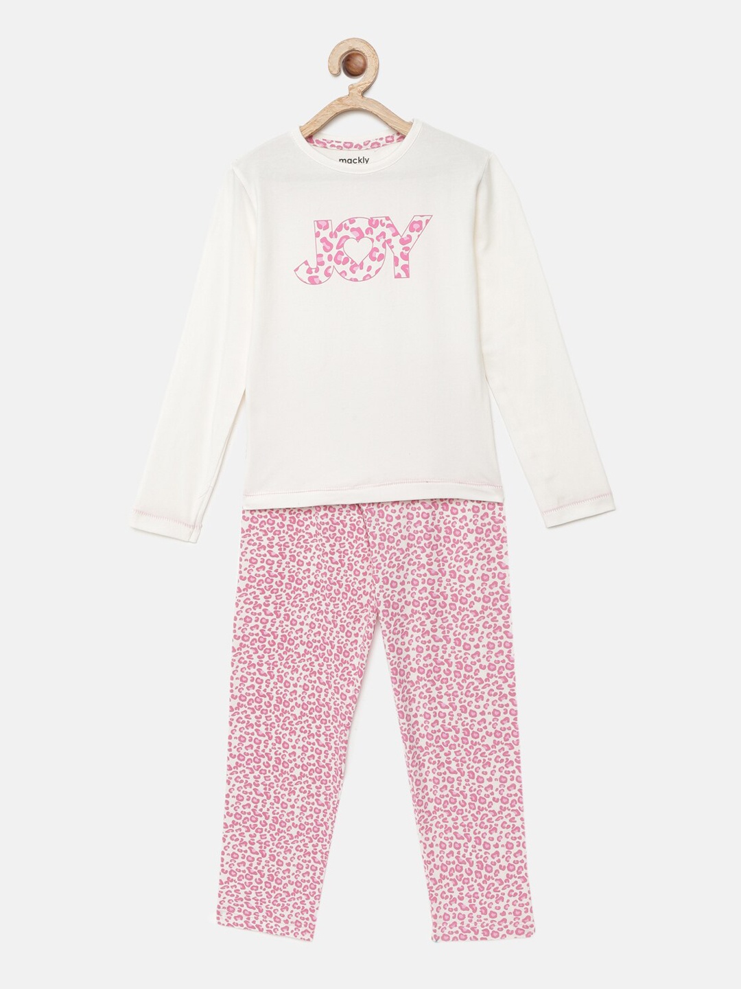mackly Girls Off White & Pink Printed Night Suit