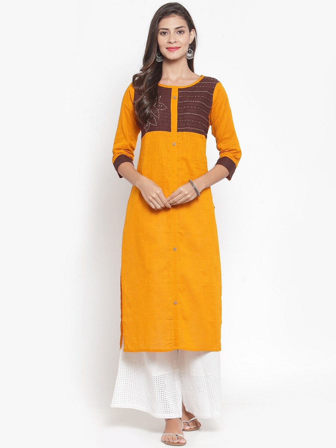 KSUT Women Mustard Geometric Yoke Design Thread Work Kurta