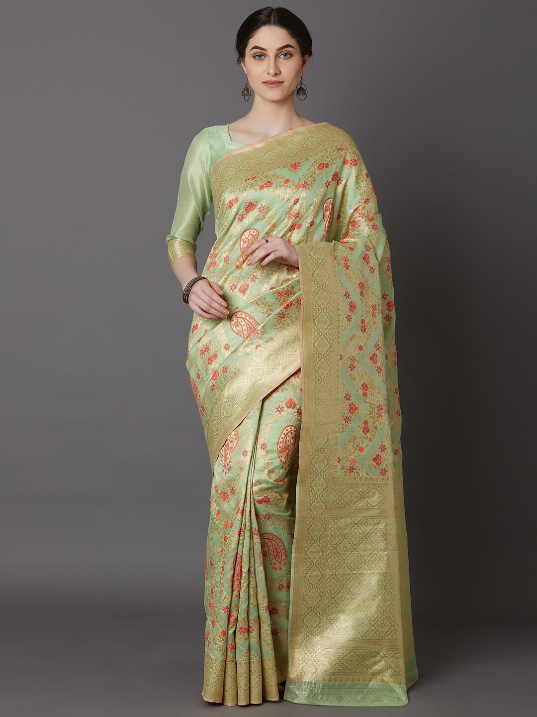 Mitera Green & Pink Woven Design Zari Silk Blend Kanjeevaram Saree