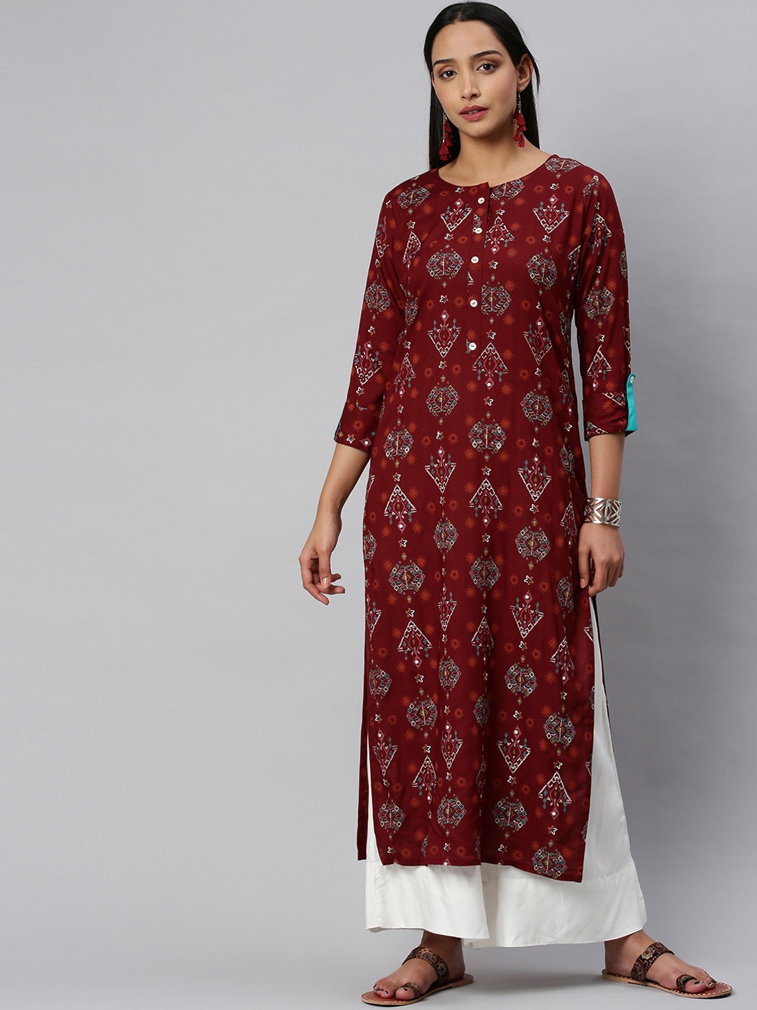 KSUT Women Maroon Ethnic Motifs Printed Gotta Patti Kurta