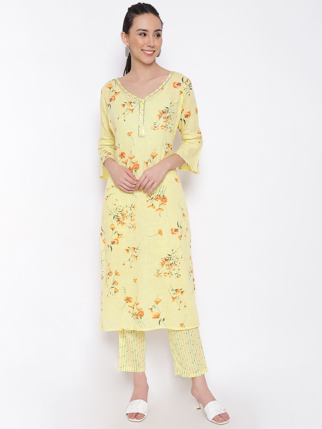 MARC LOUIS Women Yellow Floral Printed Pure Cotton Kurta with Palazzos