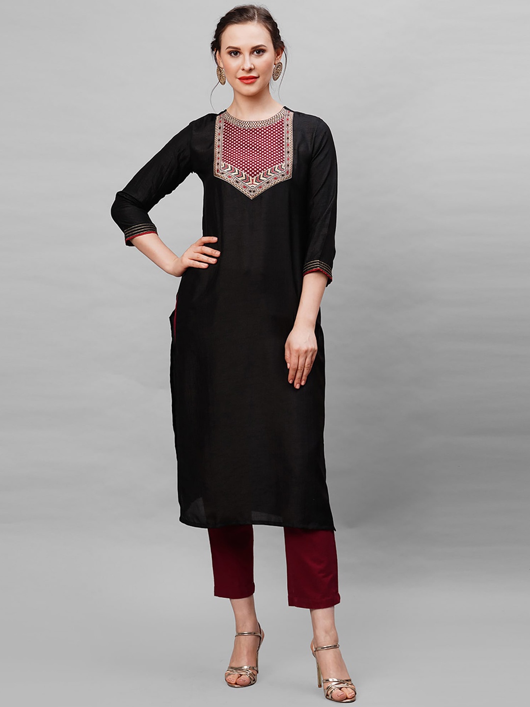 Indo Era Women Black Embroidered Thread Work Kurta