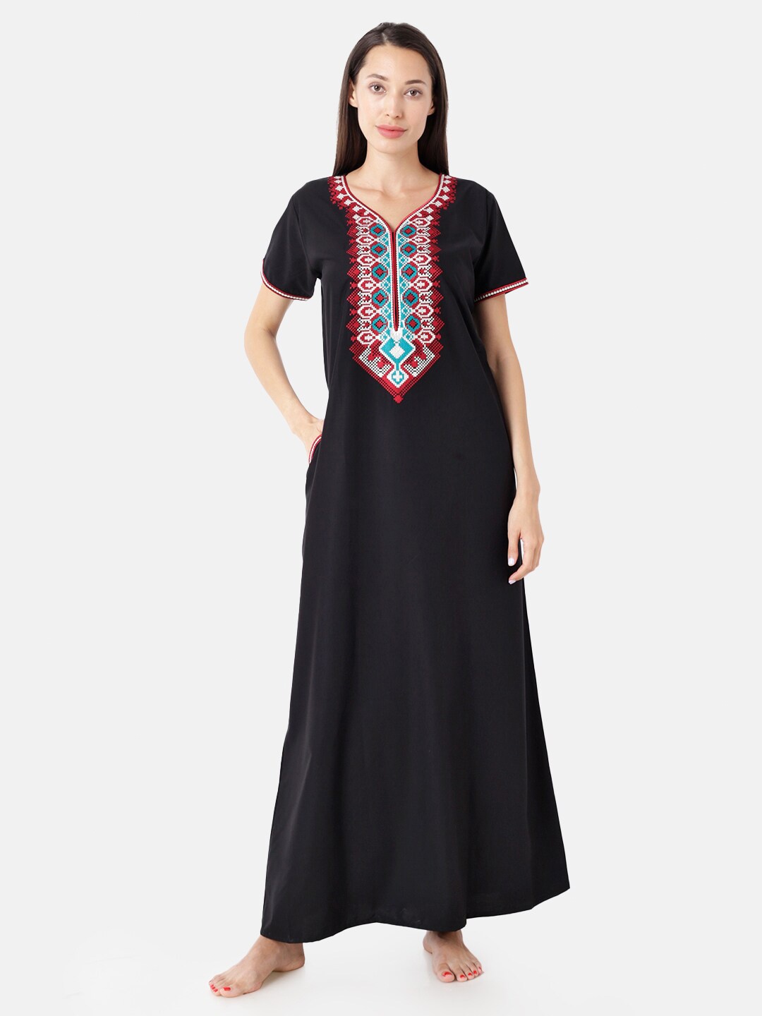 Sand Dune Black Embroidered Maxi Nightdress