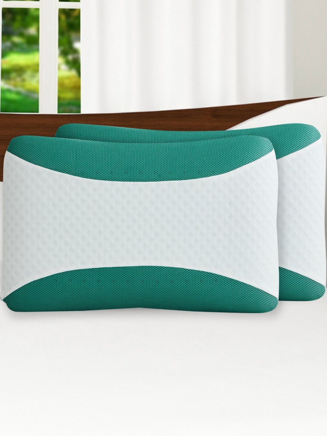 Home Centre Set of 2 White & Green Textured Corsica Anti-Bacterial Foam Pillow