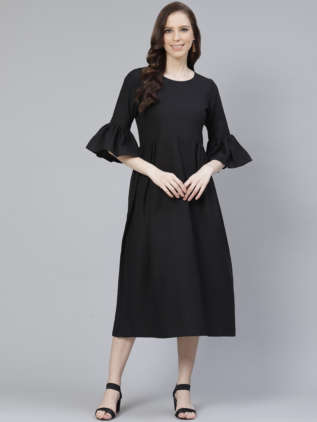 ZIYAA Women Solid Black Foil Printed A-Line Midi Dress
