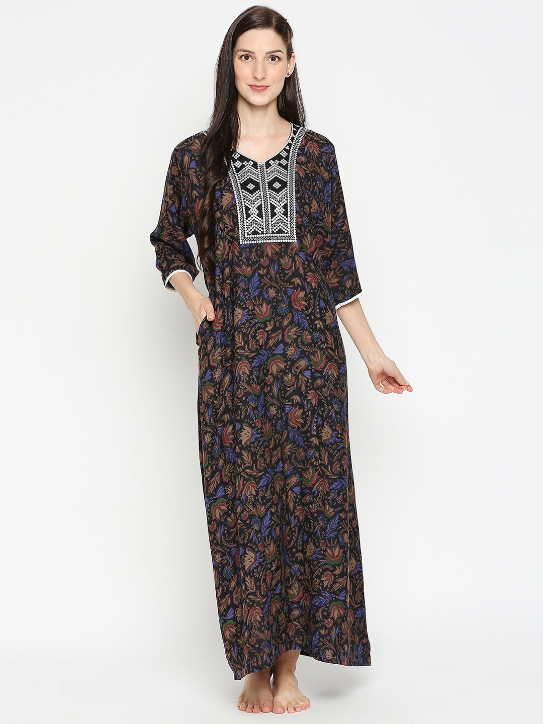 Pretty Awesome Black Embroidered Maxi Cotton Nightdress