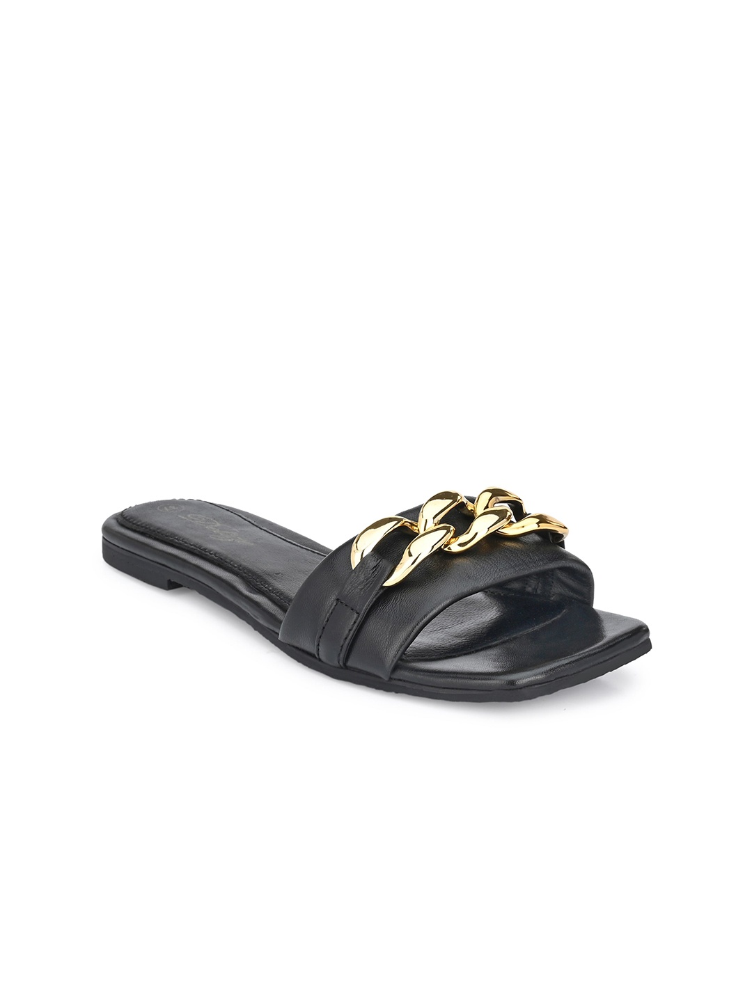 Delize Women Black Embellished Leather Open Toe Flats