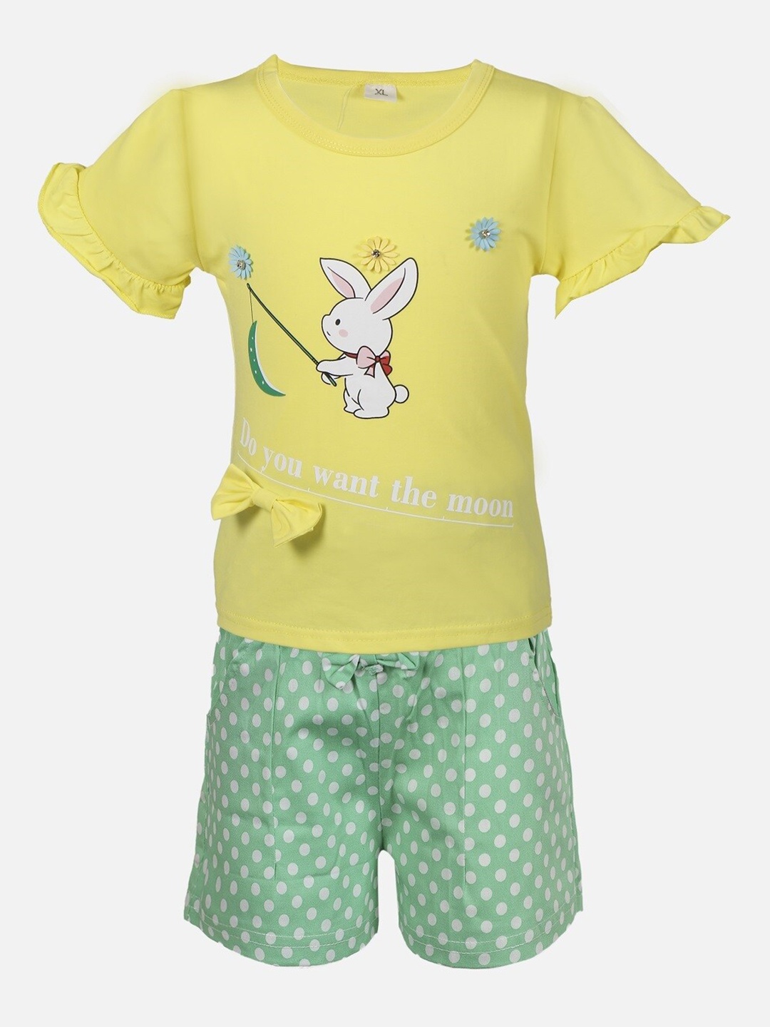 PASSION PETALS Girls Yellow & Green Printed Top with Shorts