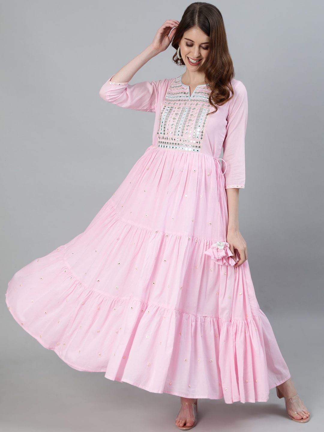 Ishin Women Pink Yoke Design Thread Work Anarkali Kurta
