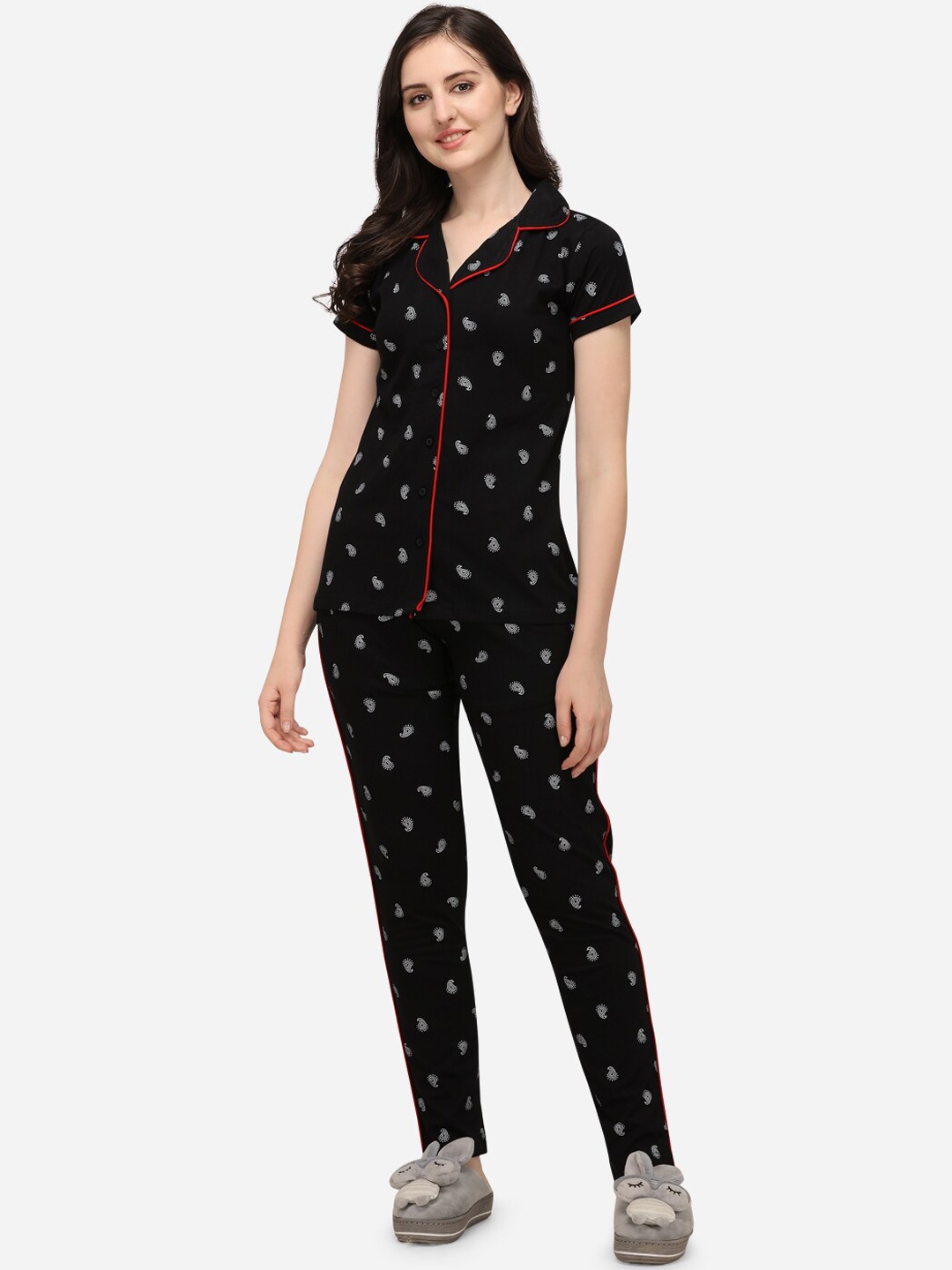 Lenissa Women Black & White Printed Cotton Night Suit