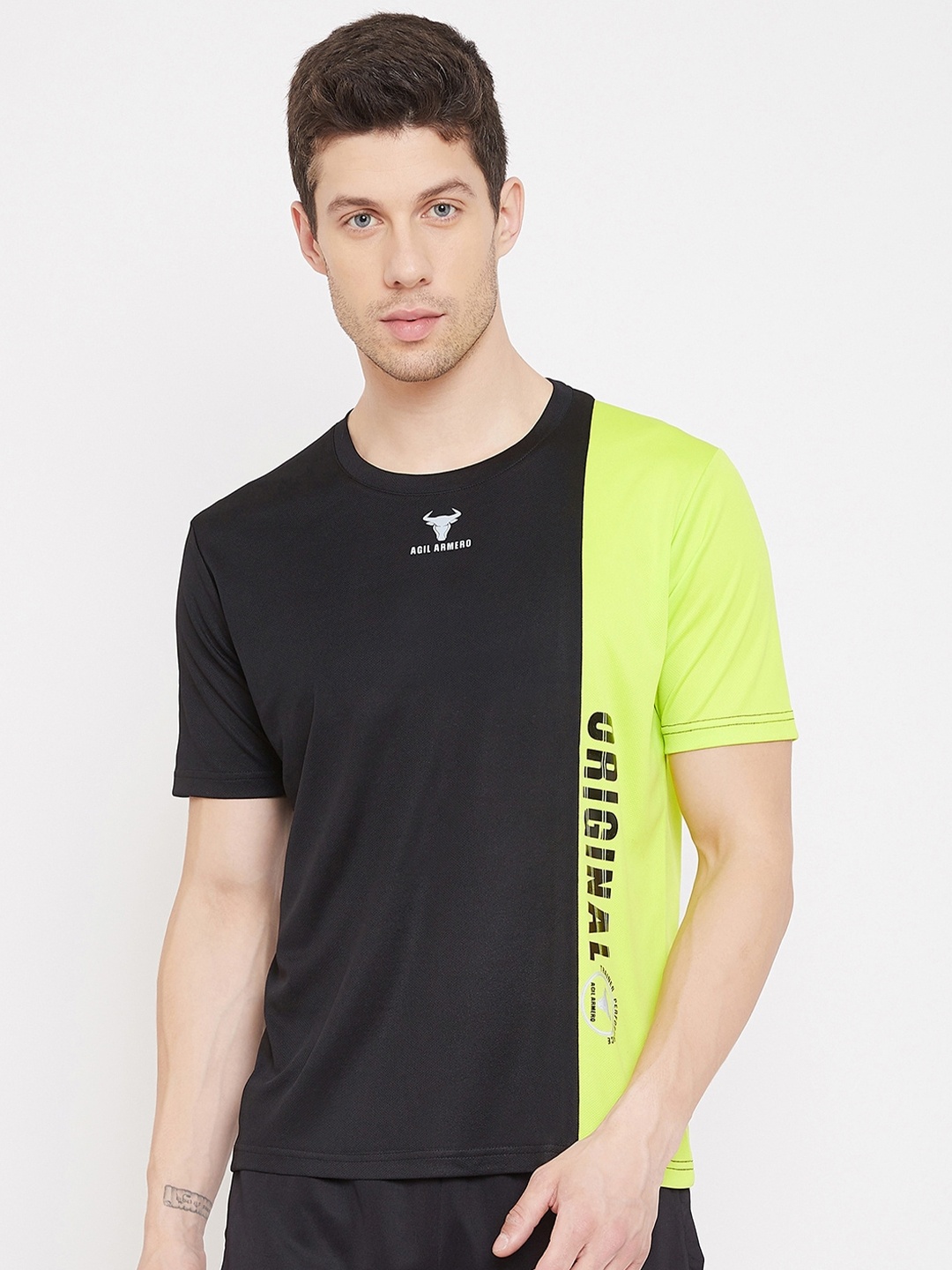 AGIL ARMERO Men Black & Fluorescent Green Colourblocked Dri-FIT T-shirt