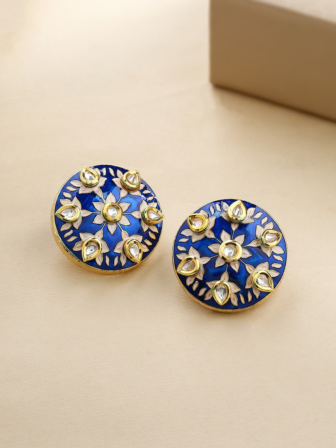 THE AAB STUDIO Blue Gold-Plated Kundan Handcrafted Meenakari Circular Studs Earrings